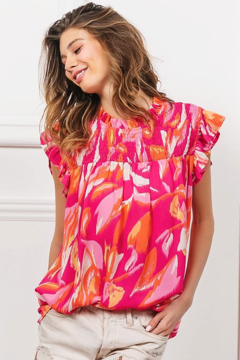 BiBi floral ruffle top, smocked yoke - Love Salve